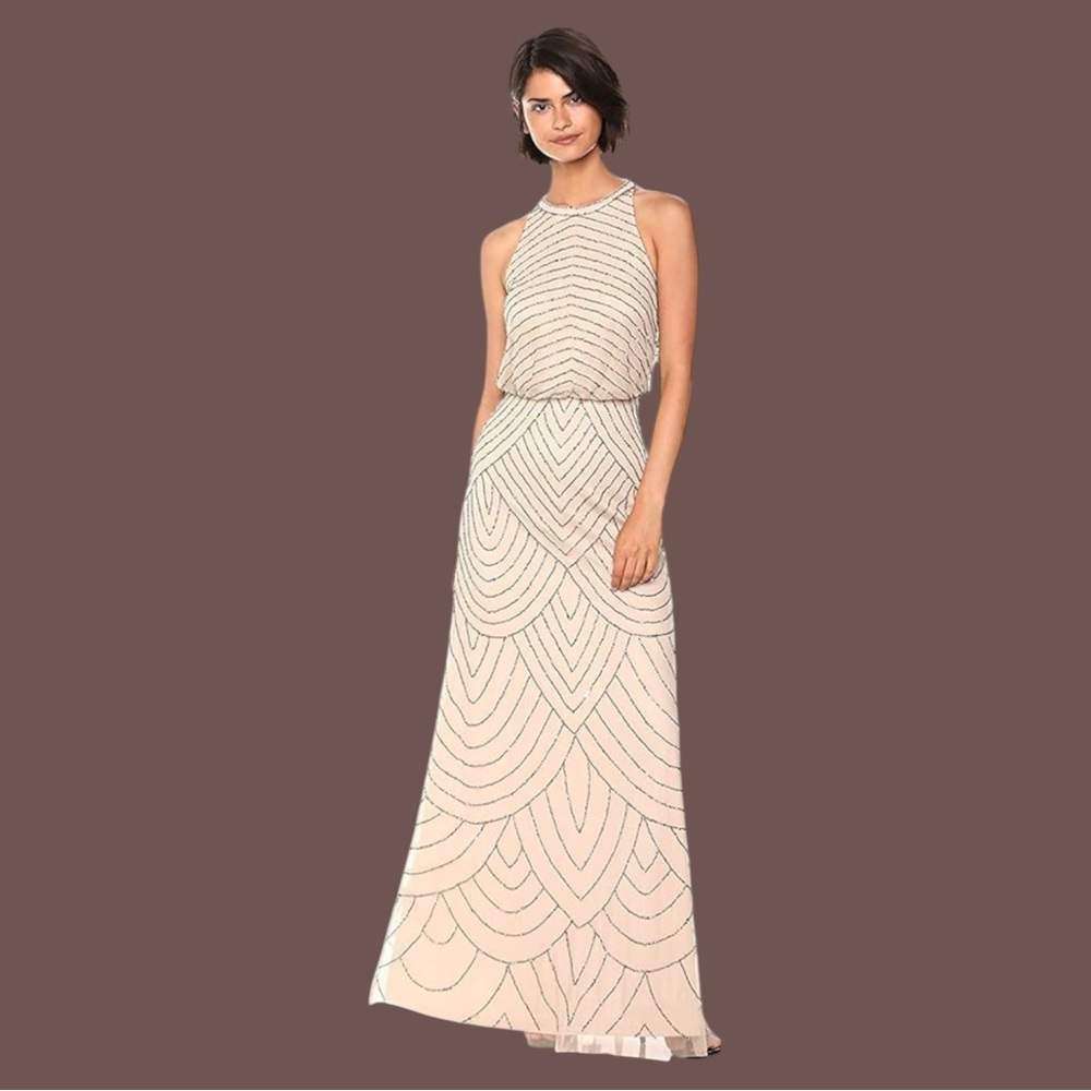 Adrianna Papell Art Deco Beaded Halter Neck Blouson Gown Size 8